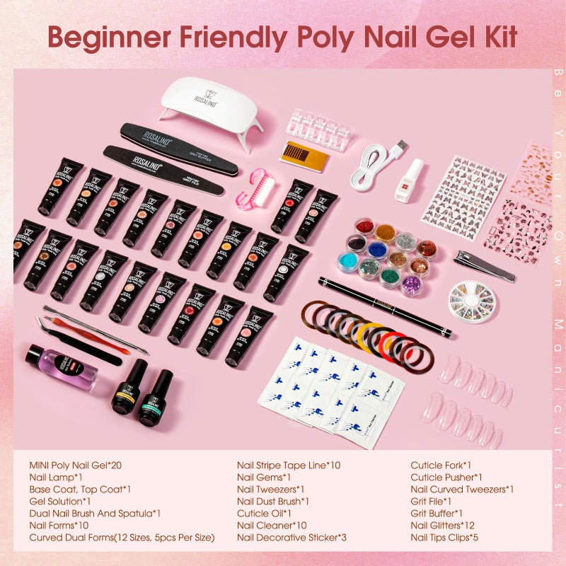 ROSALIND Poly Nail Gel Kit -20 Colors + 76 Nail Art Accessories kit Clear Nude Poly Nails Gel Kit Starter Kit With Slip Solution Pro Nude Pink Nail Extensions Gel Set with Mini UV Lamp - Image 2