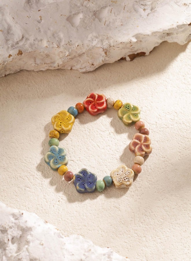 MINACHI Boho Multicolor Ceramic Flower Bead Strand Stretch Bracelet for Women, Boho Hippie Summer Jewelry Gift - Image 2