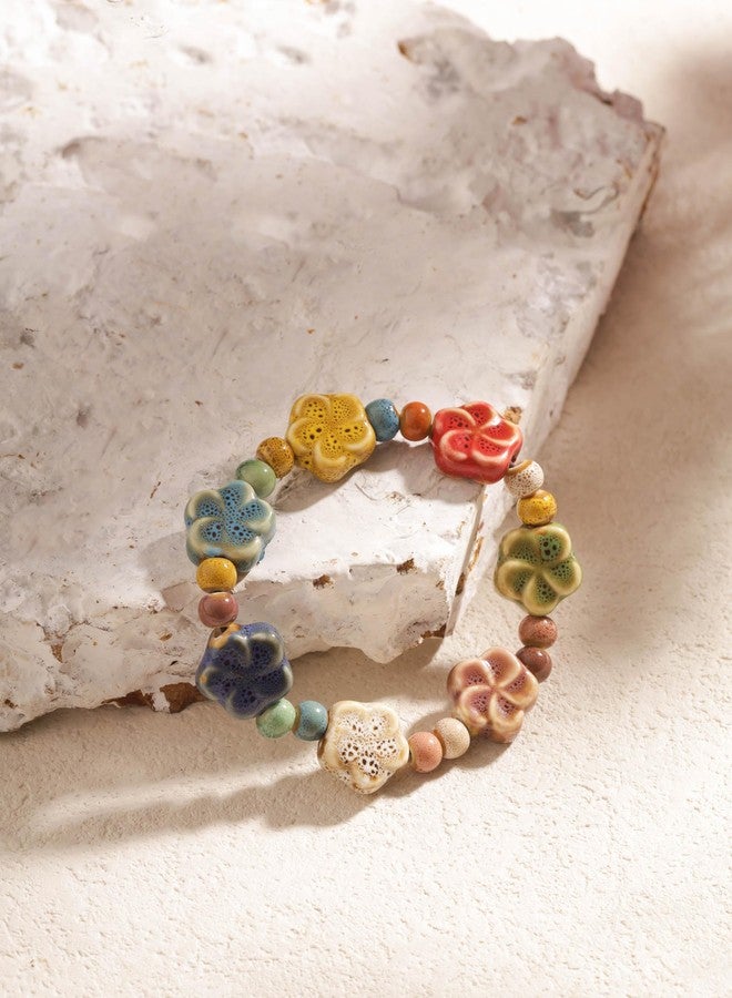 MINACHI Boho Multicolor Ceramic Flower Bead Strand Stretch Bracelet for Women, Boho Hippie Summer Jewelry Gift - Image 3