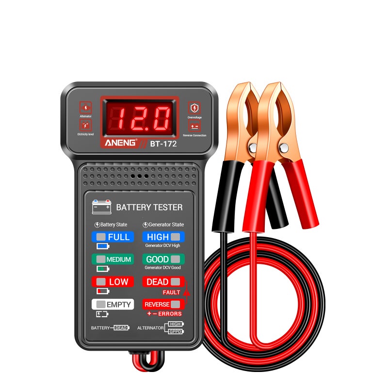 BT-172 12V Car Battery Tester, Digital Battery Voltage Meter with LED Status Lights, Charging System Analyzer, Reverse Polarity Guard, Alligator Clips for Automotive Battery Testing - Image 1