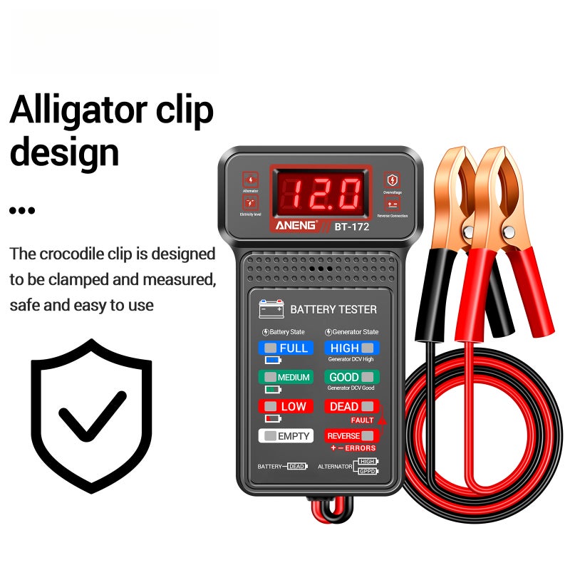 BT-172 12V Car Battery Tester, Digital Battery Voltage Meter with LED Status Lights, Charging System Analyzer, Reverse Polarity Guard, Alligator Clips for Automotive Battery Testing - Image 2