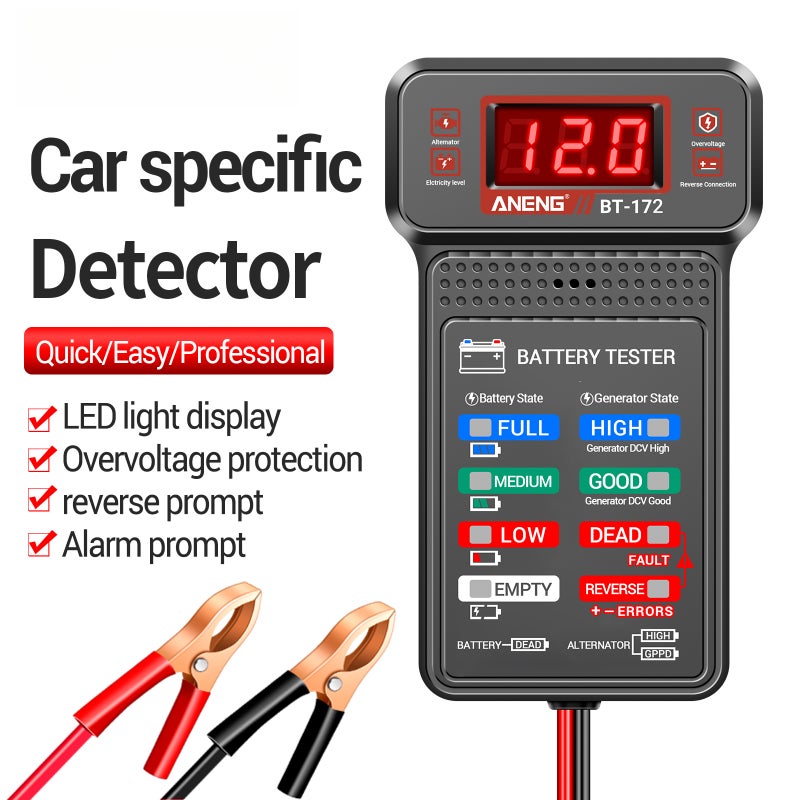 BT-172 12V Car Battery Tester, Digital Battery Voltage Meter with LED Status Lights, Charging System Analyzer, Reverse Polarity Guard, Alligator Clips for Automotive Battery Testing - Image 3