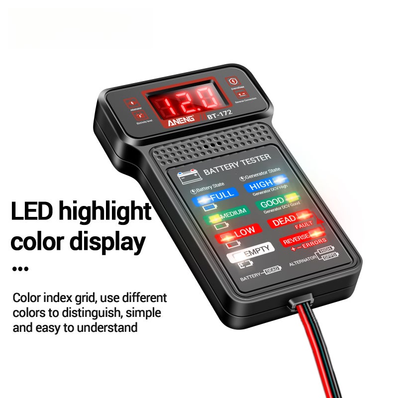 BT-172 12V Car Battery Tester, Digital Battery Voltage Meter with LED Status Lights, Charging System Analyzer, Reverse Polarity Guard, Alligator Clips for Automotive Battery Testing - Image 4
