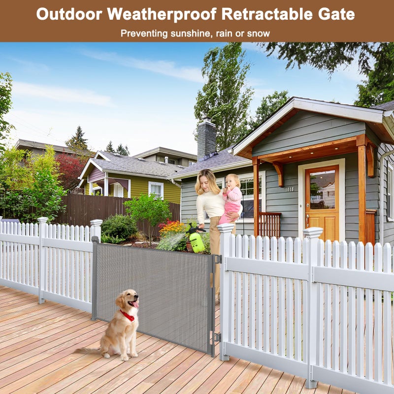 BETERTEK Weatherproof Outdoor Retractable Dog Gate for Deck with No Rust Stainless Steel Screws and Rods, 55" Wide Waterproof Retractable Baby Gates for Doorways, Safety Mesh Outdoor Dog Gate for Pet, Gray - Image 2