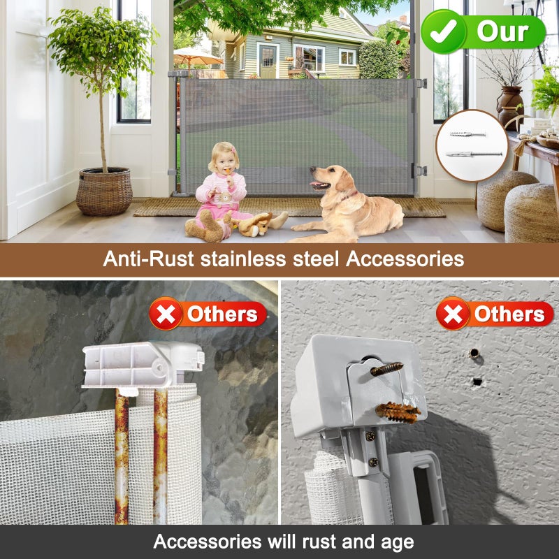 BETERTEK Weatherproof Outdoor Retractable Dog Gate for Deck with No Rust Stainless Steel Screws and Rods, 55" Wide Waterproof Retractable Baby Gates for Doorways, Safety Mesh Outdoor Dog Gate for Pet, Gray - Image 3