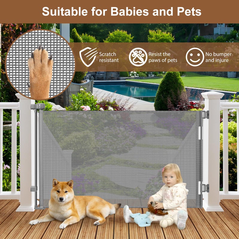 BETERTEK Weatherproof Outdoor Retractable Dog Gate for Deck with No Rust Stainless Steel Screws and Rods, 55" Wide Waterproof Retractable Baby Gates for Doorways, Safety Mesh Outdoor Dog Gate for Pet, Gray - Image 5