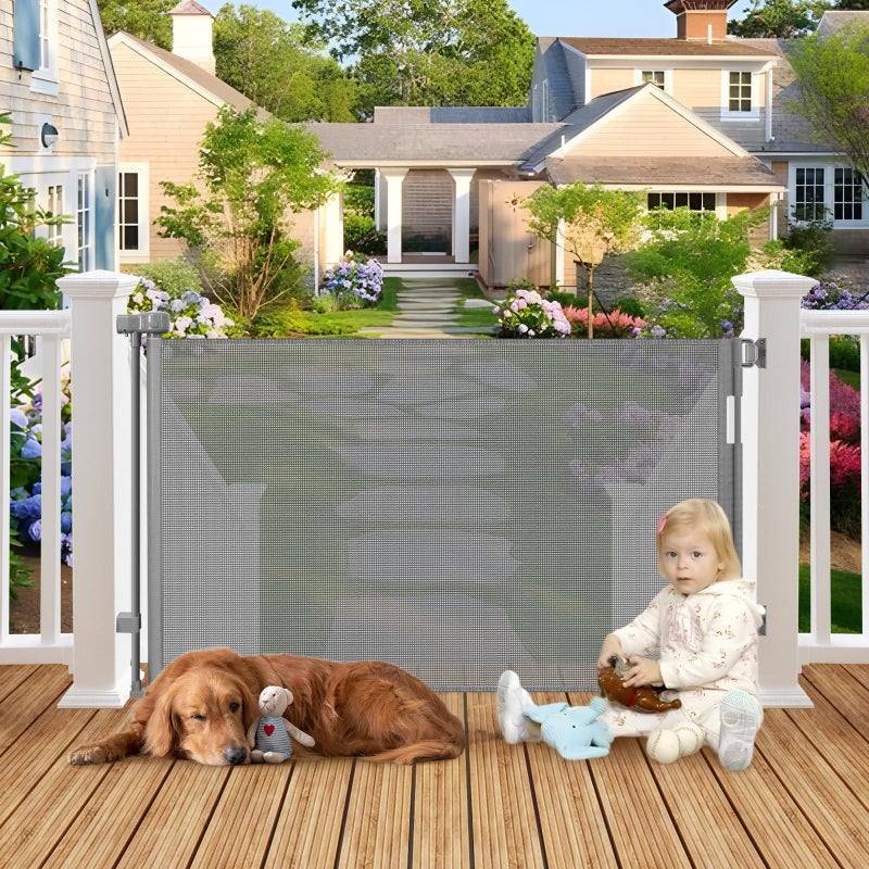 BETERTEK Weatherproof Outdoor Retractable Dog Gate for Deck with No Rust Stainless Steel Screws and Rods, 55" Wide Waterproof Retractable Baby Gates for Doorways, Safety Mesh Outdoor Dog Gate for Pet, Gray - Image 1
