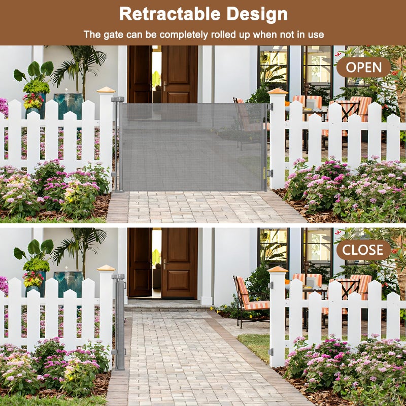 BETERTEK Weatherproof Outdoor Retractable Dog Gate for Deck with No Rust Stainless Steel Screws and Rods, 55" Wide Waterproof Retractable Baby Gates for Doorways, Safety Mesh Outdoor Dog Gate for Pet, Gray - Image 4