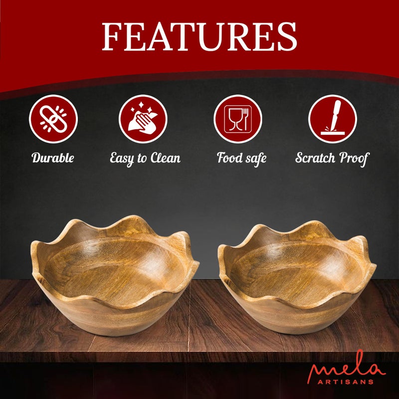 Mela Artisans Scalloped Decorative Wooden Bowls Set of 2 |12 Inch &10 Inch Mango Wood Fruit | Serving Bowls | Natural Grain Texture | Kitchen Counter | Snacks | Desserts | Bread | Handcrafted Decor - Image 3