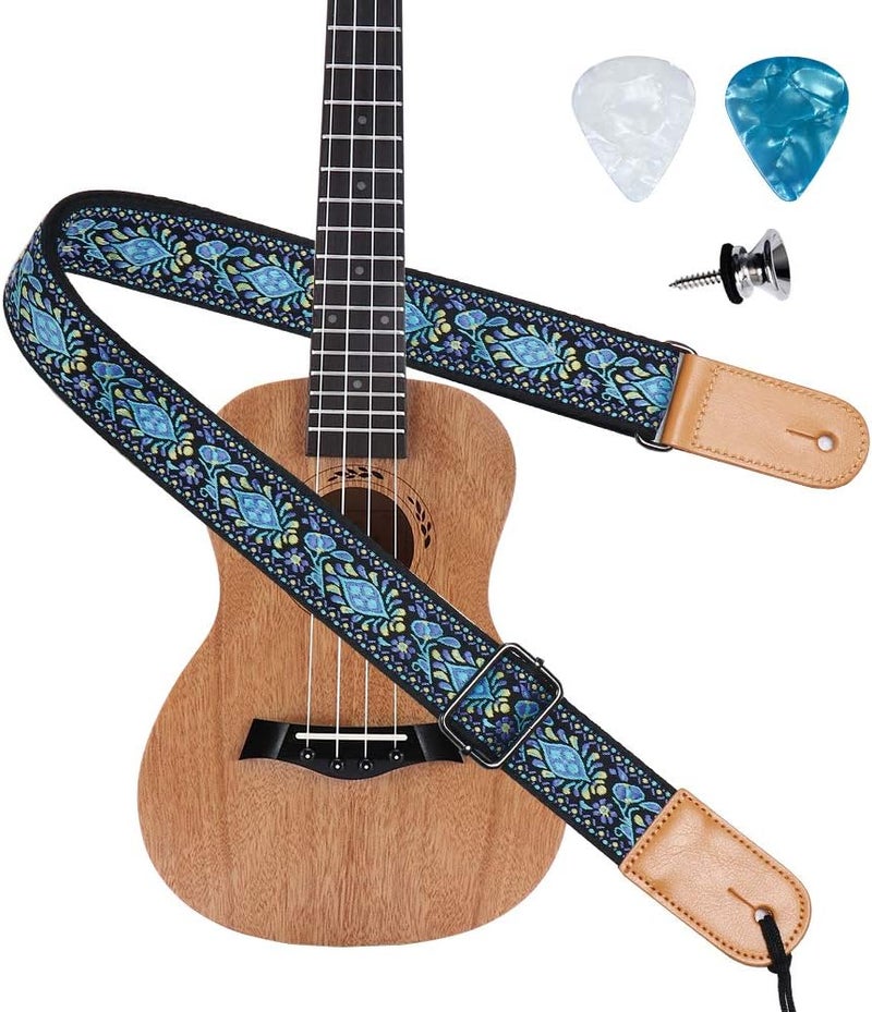 EYESHOT Ukulele Strap, Hawaiian Jacquard Blue Flower Ukelele Shoulder Strap, Suitable for Soprano Concert Tenor Baritone String Instruments - Image 2