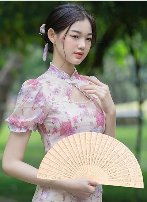 Folding Fan, Handheld Fan with Wooden Frame for Weddings and Dancing