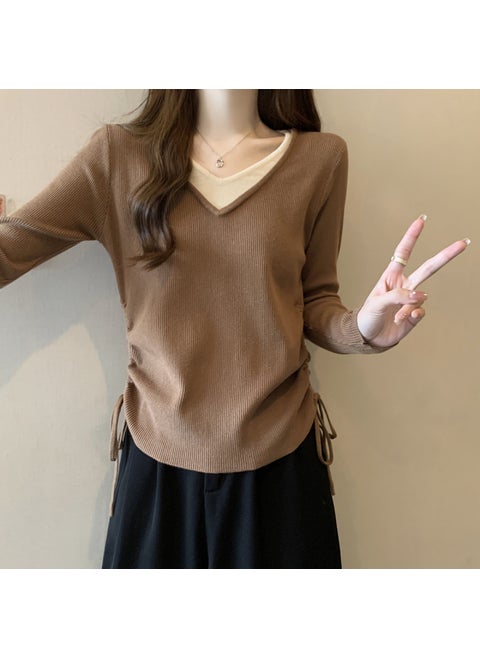 Plus Size Womens Clothing Spring Autumn Two-Piece Illusion Long Sleeve Top V-Neck Inner Base Layer Pullovers Sensibility Design Brown