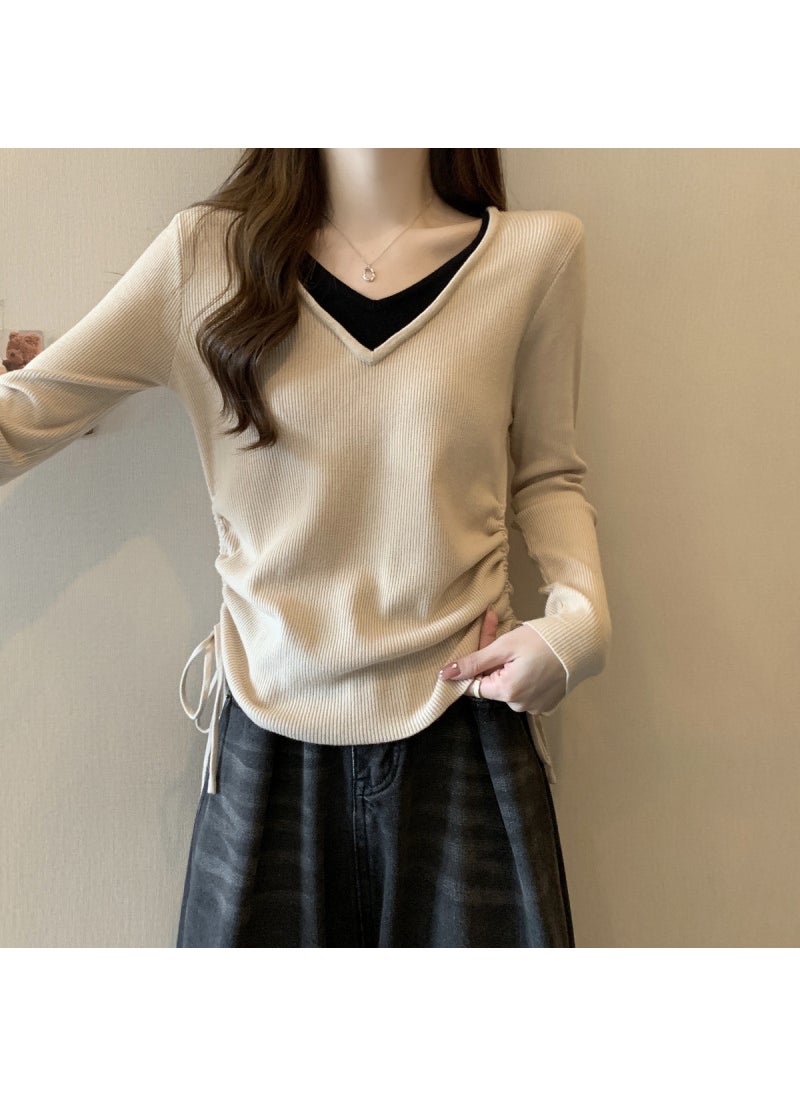 Plus Size Womens Clothing Spring Autumn Two-Piece Illusion Long Sleeve Top V-Neck Inner Base Layer Pullovers Sensibility Design Brown