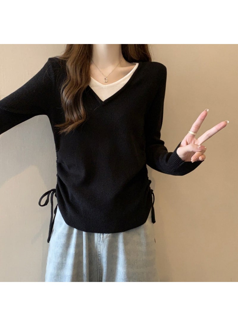 Plus Size Womens Clothing Spring Autumn Two-Piece Illusion Long Sleeve Top V-Neck Inner Base Layer Pullovers Sensibility Design Brown