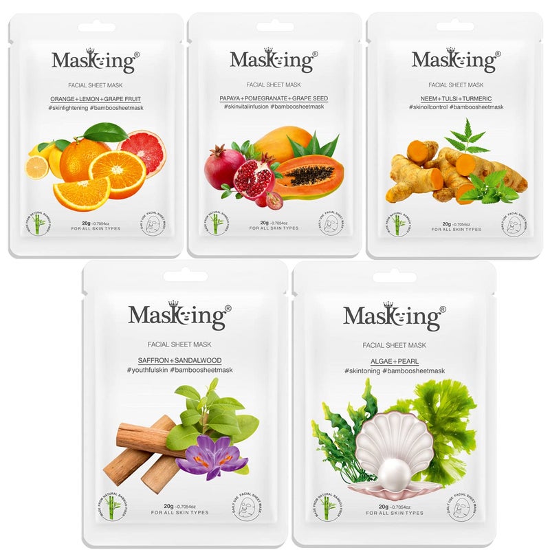 MasKing Bamboo Facial Sheet Mask of Orange Papaya Neem Saffron Algae Ideal for Women Men 100ml Combo Pack of 5 - Image 1