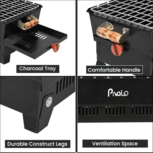 Pivalo Charcoal Barbeque Grill Set | Tandoori BBQ for Home & Outdoor Use | 4-Piece Combo | 5 Skewers | 1 Glove | 1 Tong | Foldable Standing BBQ for Camping, Picnic & Travel Cooking (Pack of 1, Black) - Image 4