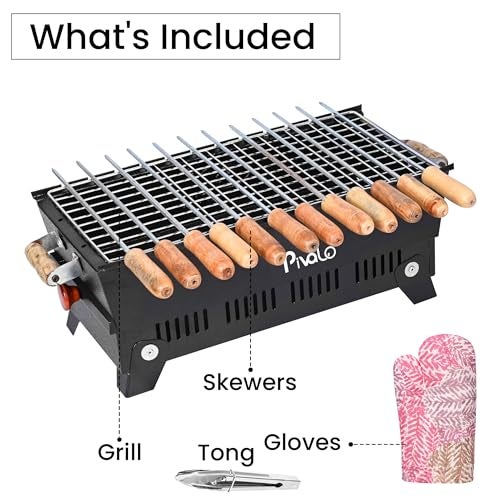 Pivalo Charcoal Barbeque Grill Set | Tandoori BBQ for Home & Outdoor Use | 4-Piece Combo | 5 Skewers | 1 Glove | 1 Tong | Foldable Standing BBQ for Camping, Picnic & Travel Cooking (Pack of 1, Black) - Image 3