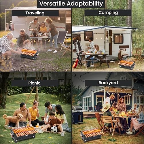 Pivalo Charcoal Barbeque Grill Set | Tandoori BBQ for Home & Outdoor Use | 4-Piece Combo | 5 Skewers | 1 Glove | 1 Tong | Foldable Standing BBQ for Camping, Picnic & Travel Cooking (Pack of 1, Black) - Image 5