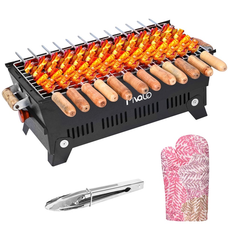 Pivalo Charcoal Barbeque Grill Set | Tandoori BBQ for Home & Outdoor Use | 4-Piece Combo | 5 Skewers | 1 Glove | 1 Tong | Foldable Standing BBQ for Camping, Picnic & Travel Cooking (Pack of 1, Black) - Image 1