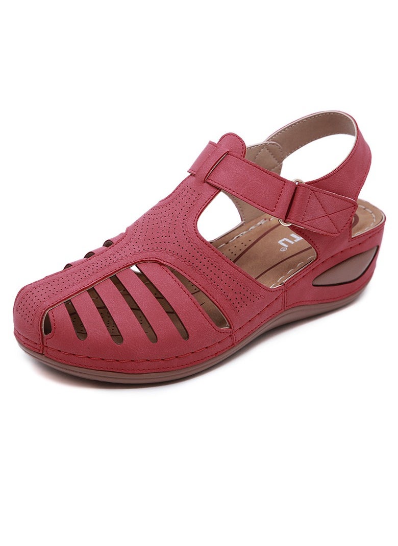 SIKETU - Summer Hollow Out Retro Wedge Sandals Red - Image 1