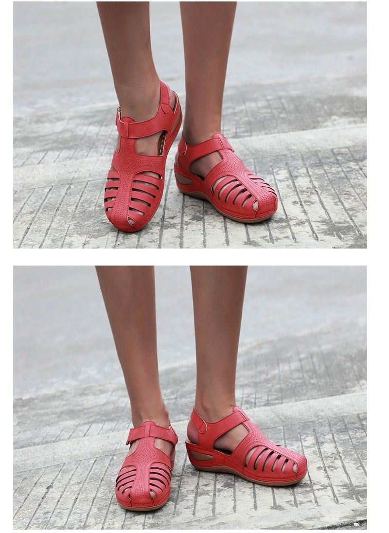 SIKETU - Summer Hollow Out Retro Wedge Sandals Red - Image 1
