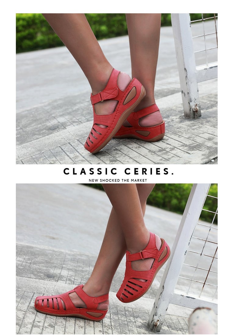 SIKETU - Summer Hollow Out Retro Wedge Sandals Red - Image 1