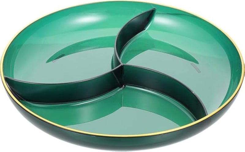 Elegant Thick Acrylic Thick Fruit Tasley Plate Snack Fruit Divided 3 Sections for Snacks, Fruit, Food, Desserts, Appetizers Snack Party Food Storage (Green)