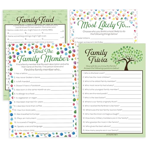 DISTINCTIVS Family Reunion Game Pack - Family Trivia, Most Likely to, Family Feud & Find The Family Member - 4 Game Bundle for 20 Guests - Image 1