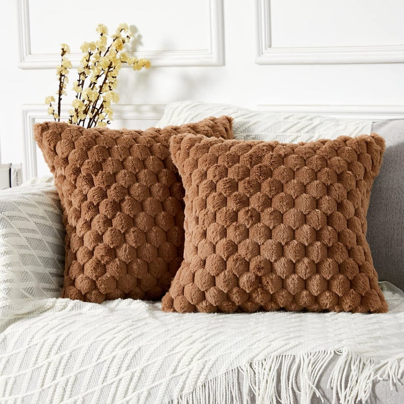 Yaertun Pack of 2 Super Soft Cozy Decorative Throw pillow covers Fuzzy Plush Faux Fur Luxury Cushion Cover Pillowcase for Sofa Couch Bed Livingroom 22x22 Inch Brown - Image 1