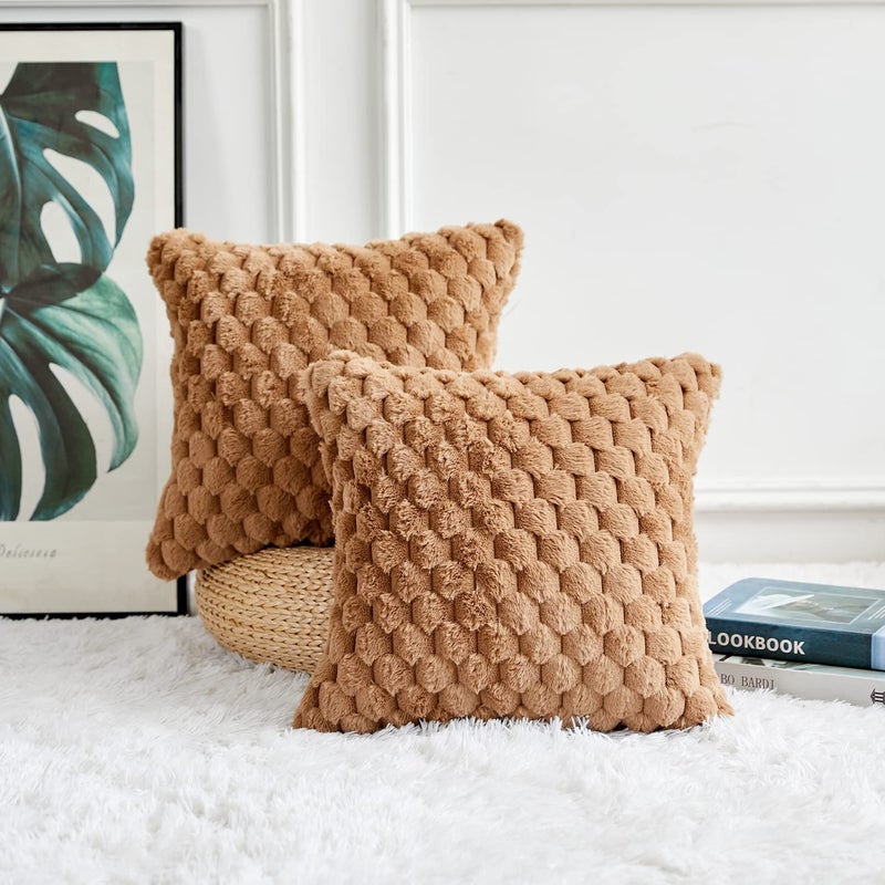 Yaertun Pack of 2 Super Soft Cozy Decorative Throw pillow covers Fuzzy Plush Faux Fur Luxury Cushion Cover Pillowcase for Sofa Couch Bed Livingroom 22x22 Inch Brown - Image 2