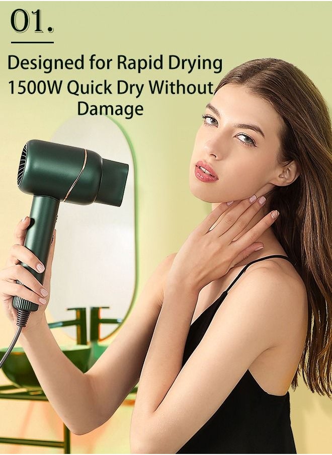 Hair Dryer with Diffuser 1500W Negative Ionic Blow Dryer 2 Heating 2 Speed Cool Button Damage Free Hair with Constant TemperatureHair Care Low Noise Green