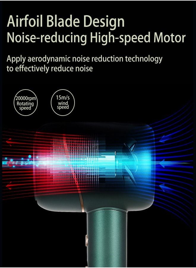 Hair Dryer with Diffuser 1500W Negative Ionic Blow Dryer 2 Heating 2 Speed Cool Button Damage Free Hair with Constant TemperatureHair Care Low Noise Green