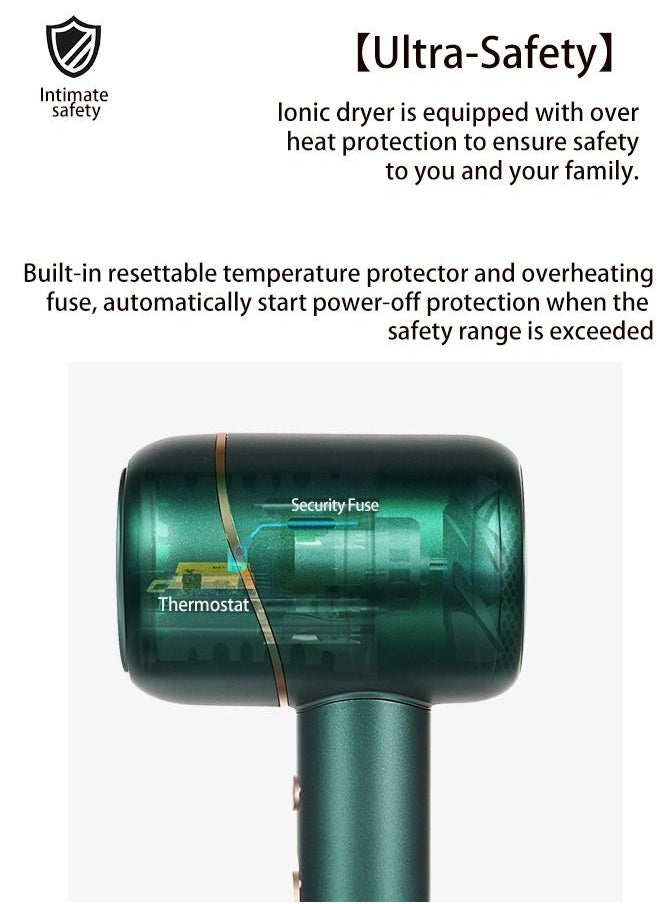Hair Dryer with Diffuser 1500W Negative Ionic Blow Dryer 2 Heating 2 Speed Cool Button Damage Free Hair with Constant TemperatureHair Care Low Noise Green