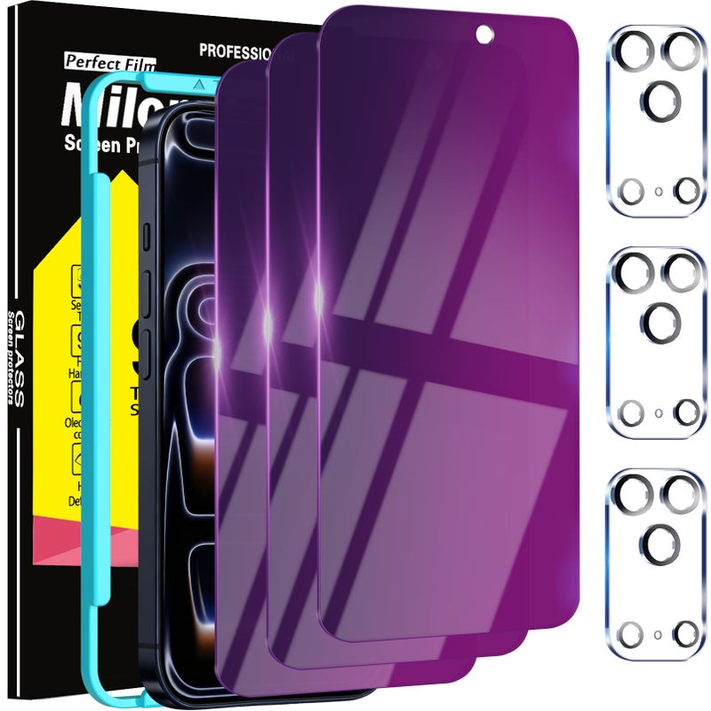 Milomdoi 3 Pack Gradient Colorful Privacy Screen Protector for iPhone 17 Pro [Anti-Blue Light Private Film], 3 Pacs Camera Lens Protector Accessories, Case Friendly, Anti-Spy Tempered Glass,Purple - Image 1