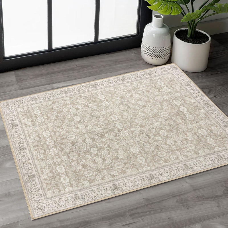 SIILOOM 2x3 Washable Rug Soft Area Rug for Entryway, Cream Beige Yellow White Grey Non-Slip Indoor Door Mat Distressed Floral Low-Pile Kitchen Rugs, Neutral Vintage Carpet for Entrance Farmhouse - Image 1