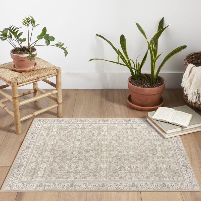 SIILOOM 2x3 Washable Rug Soft Area Rug for Entryway, Cream Beige Yellow White Grey Non-Slip Indoor Door Mat Distressed Floral Low-Pile Kitchen Rugs, Neutral Vintage Carpet for Entrance Farmhouse - Image 3
