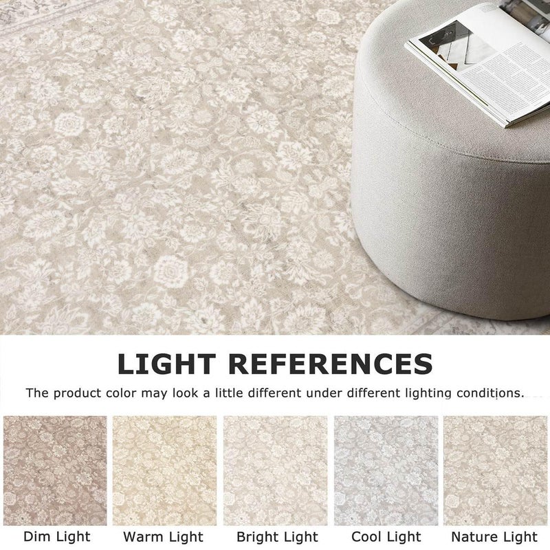 SIILOOM 2x3 Washable Rug Soft Area Rug for Entryway, Cream Beige Yellow White Grey Non-Slip Indoor Door Mat Distressed Floral Low-Pile Kitchen Rugs, Neutral Vintage Carpet for Entrance Farmhouse - Image 2
