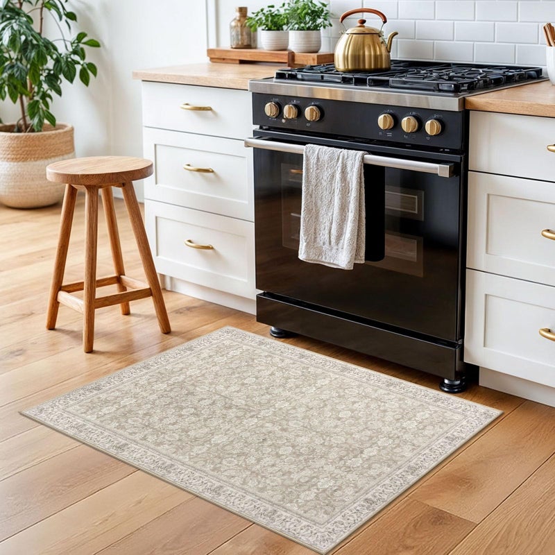 SIILOOM 2x3 Washable Rug Soft Area Rug for Entryway, Cream Beige Yellow White Grey Non-Slip Indoor Door Mat Distressed Floral Low-Pile Kitchen Rugs, Neutral Vintage Carpet for Entrance Farmhouse - Image 4