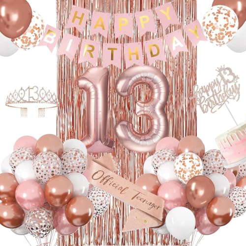 ZPPMZQR 13th Birthday Decorations for Girls Rose Gold 13th Birthday Banner Balloon Cake Topper Sash and Crown Happy 13th Birthday Party Decorations for Girls - Image 1