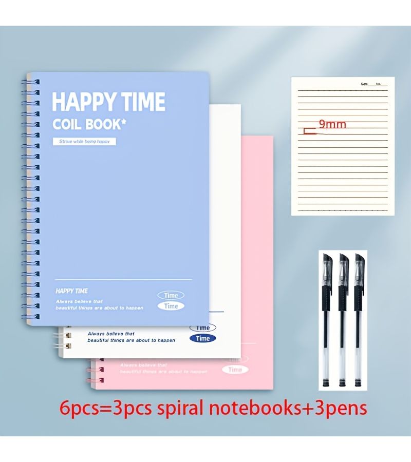 3 Spiral Notebooks Set in Random Colors with 3 Pens Hardcover Removable Pages - Image 4