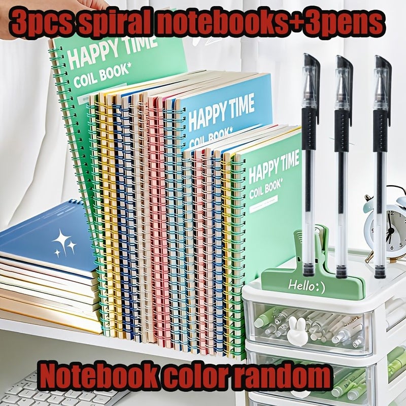 3 Spiral Notebooks Set in Random Colors with 3 Pens Hardcover Removable Pages - Image 1