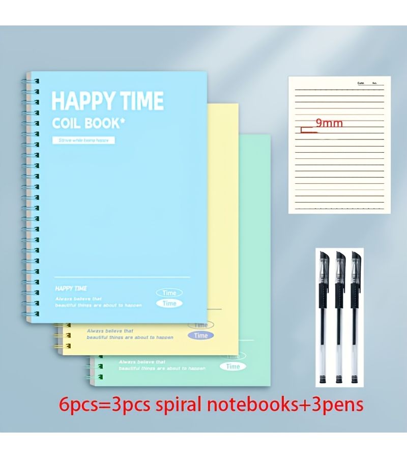 3 Spiral Notebooks Set in Random Colors with 3 Pens Hardcover Removable Pages - Image 5