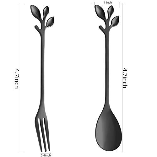 AnSaw 10-Pc Black Mini Spoons & Forks Set, 4.7" - Stainless Steel, Leaf Handle, Ideal for Coffee,Tea, Appetizers, Tastings, Parties, Charcuterie & Cocktails - Image 2
