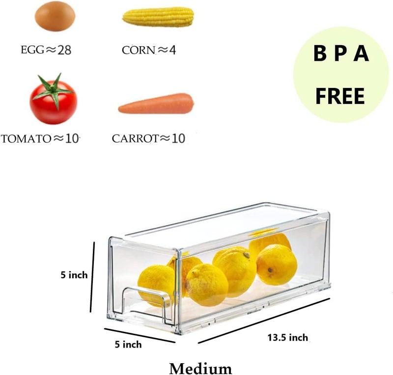 MANO 2 Pack Stackable Refrigerator Drawers Pull Out Bins Clear Fridge Drawer Organizer Food Storage Containers Plastic Veggie Fruit Produce Saver for Pantry Kitchen Freezer(M) - Image 3