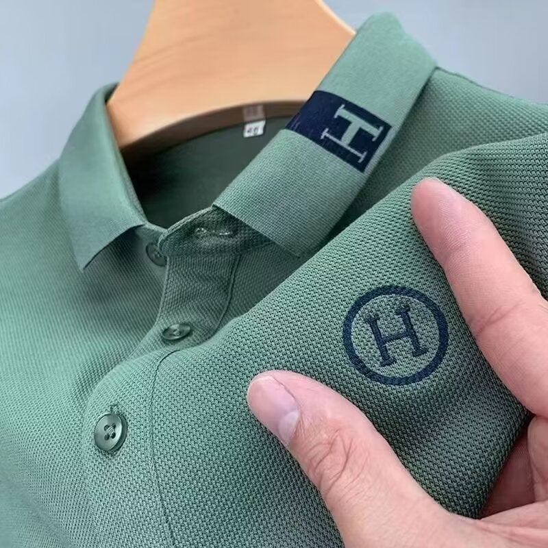 Ice Silk Short Sleeve Polo Shirt Embroidered Thin Summer Mens T-Shirt Breathable Cool Casual Fashion Upper Body Top Green  - Image 1