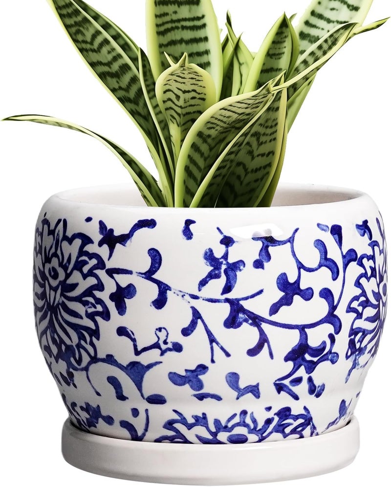 SQOWL 6 Inch Planter - Ceramic Plant Pots Indoor with Drainage Hole and Saucer, Round Ceramic Flower Pot Outdoor, Porcelain Decorative Planter, Backyard Decor, Gifts for Plant Lovers, Blue and White - Image 1