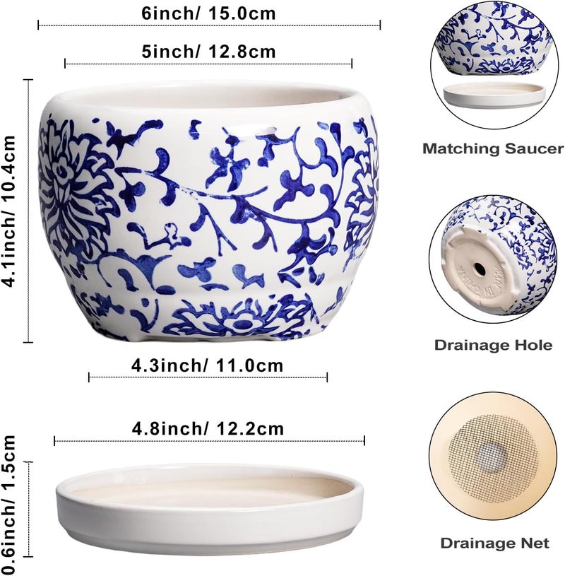 SQOWL 6 Inch Planter - Ceramic Plant Pots Indoor with Drainage Hole and Saucer, Round Ceramic Flower Pot Outdoor, Porcelain Decorative Planter, Backyard Decor, Gifts for Plant Lovers, Blue and White - Image 3