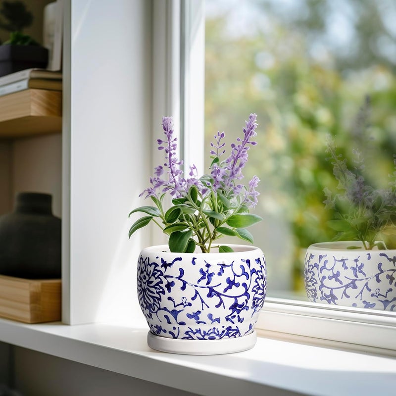 SQOWL 6 Inch Planter - Ceramic Plant Pots Indoor with Drainage Hole and Saucer, Round Ceramic Flower Pot Outdoor, Porcelain Decorative Planter, Backyard Decor, Gifts for Plant Lovers, Blue and White - Image 2