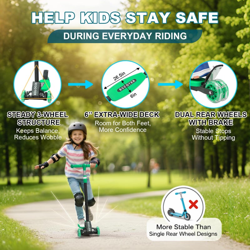 Wefaith 3 Wheel Kick Scooters for Kids 5-8 8-12, Easy Lean to Steer, Light-Up Wheels, Adjustable Handlebar (27"â€“33"), Wide Anti-Slip Deck, Foldable Scooter for Boys & Girls Ages 4+ (Green) - Image 2