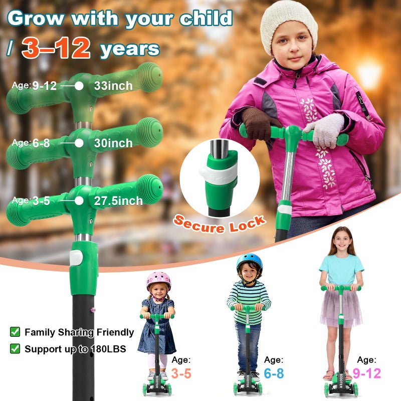 Wefaith 3 Wheel Kick Scooters for Kids 5-8 8-12, Easy Lean to Steer, Light-Up Wheels, Adjustable Handlebar (27"â€“33"), Wide Anti-Slip Deck, Foldable Scooter for Boys & Girls Ages 4+ (Green) - Image 5